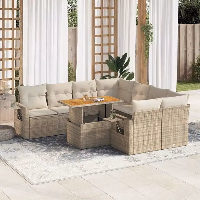 Set Divano da Giardino a L vidaXL in Polyrattan con Cuscini Beige e Tavolino da Caffè