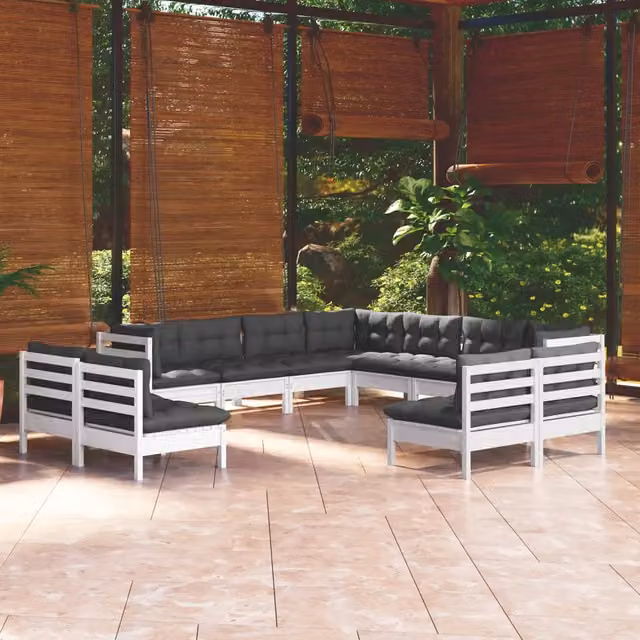 Set di divani da giardino vidaXL a forma di U composto da 11 pezzi in legno di pino con cuscini bianchi e antracite – 1