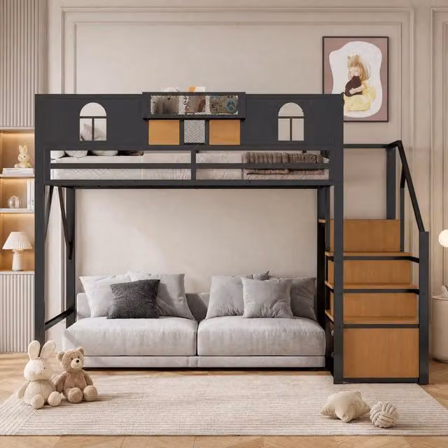 Letto a castello in metallo 140x200 cm con scala contenitore, pannelli in legno e rete, struttura nera stabile