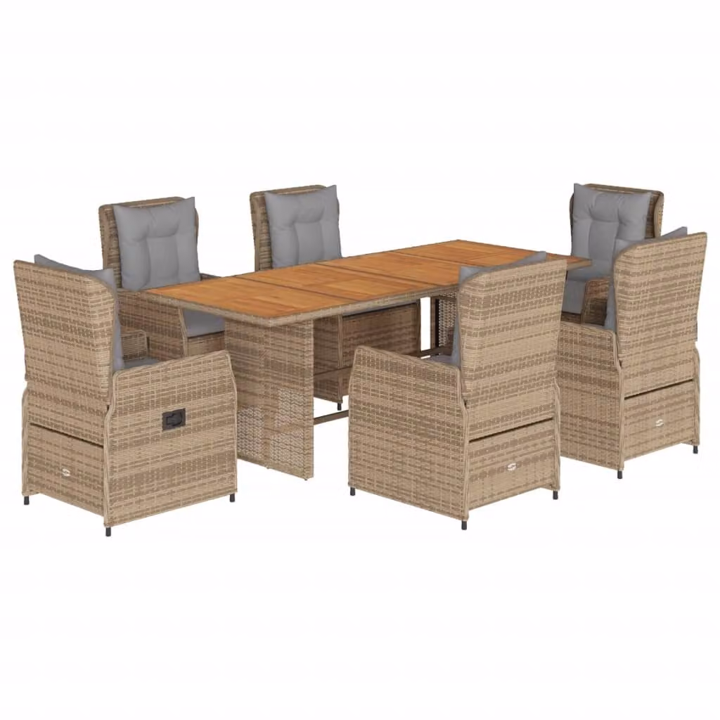Set da Pranzo da Giardino 7 pz con Cuscini Beige in Polyrattan