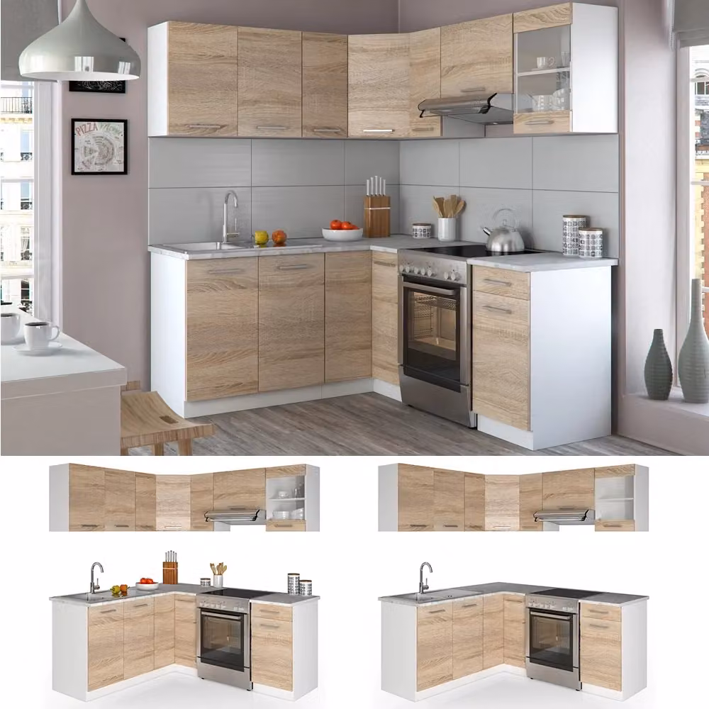 Cucina ad angolo moderna Vicco R-Line Sonoma e Bianco con illuminazione LED integrata L/P/H: 187 x 167 x 81,6 cm – 2