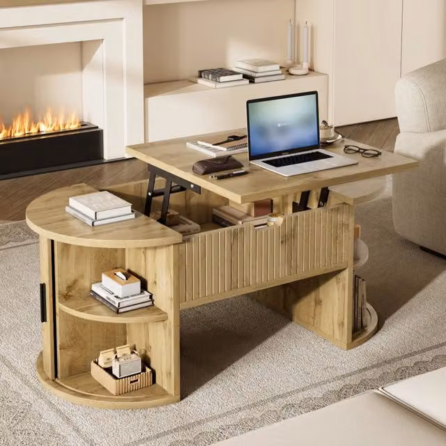 Tavolino da salotto elevabile con 2 ante scorrevoli e ripiani aperti, ovale in MDF rovere, 100 × 50 × 40.5 cm