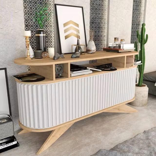 Credenza Joy DMORA, Buffet moderno per soggiorno e cucina, Quercia e Bianco, L: 150 cm, P: 43 cm, H: 75 cm