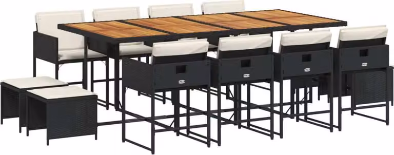 Set da Pranzo da Giardino 13pz con Cuscini Nero in Polyrattan