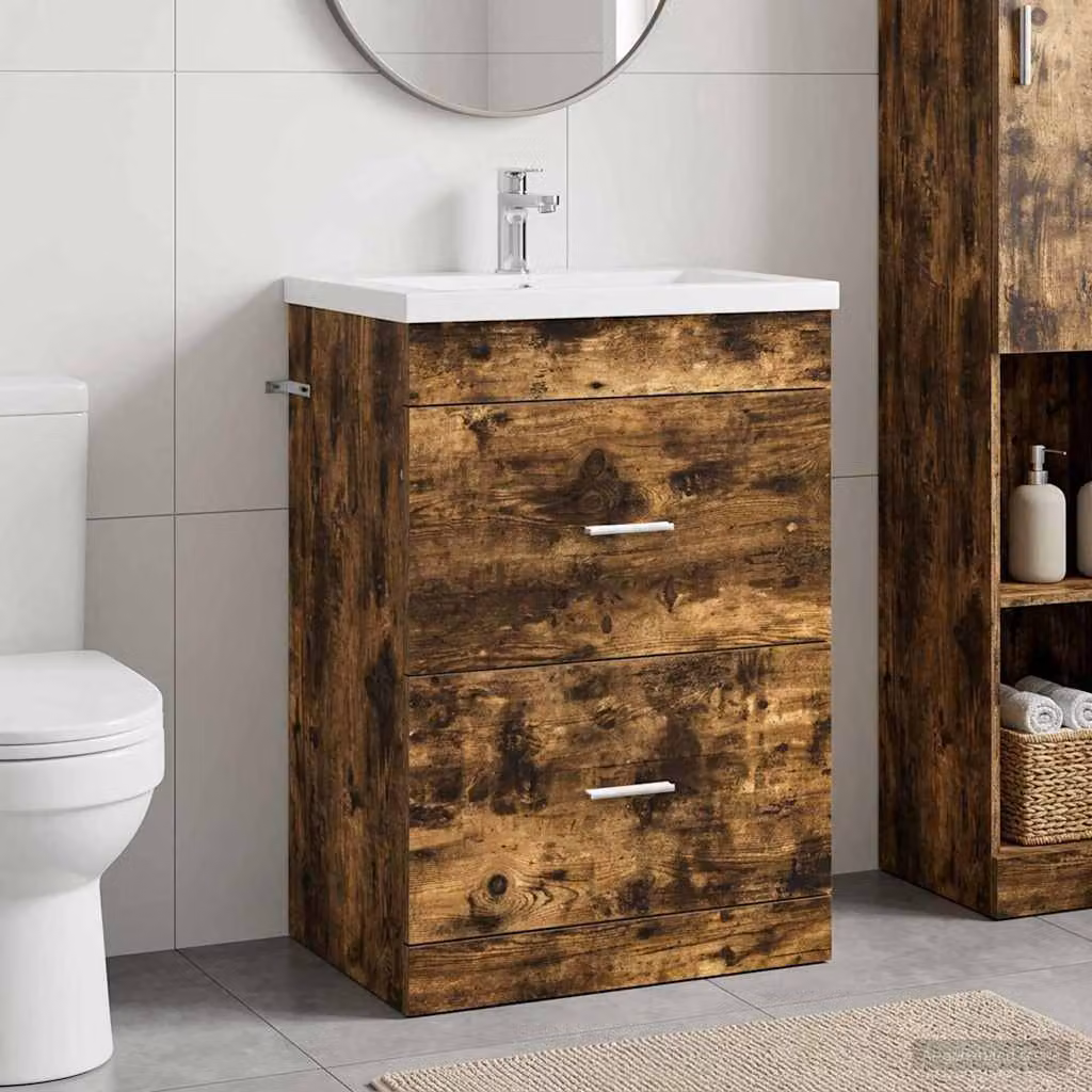 Mobiletto da bagno sottolavabo vidaXL in legno Rovere Fumo con cassetti, L: 56 cm, P: 37,5 cm, H: 81 cm