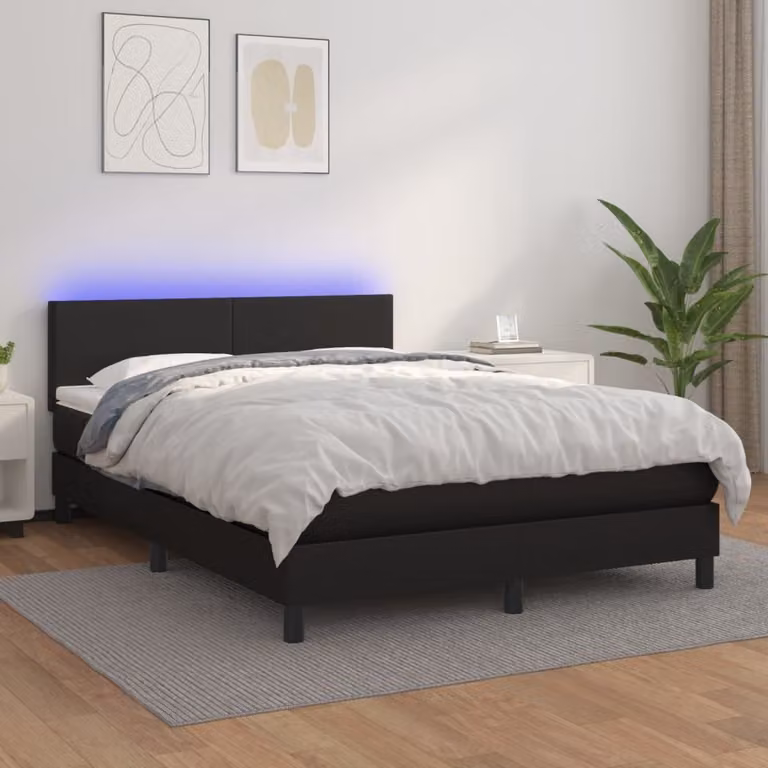 The Living Store Letto a molle con materasso e LED nero 140x190 cm in ecopelle