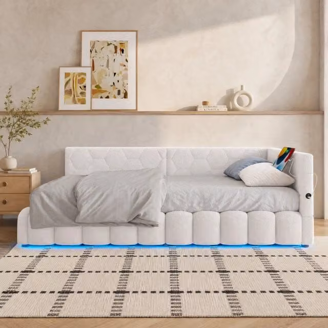 Letto contenitore Mivray imbottito con rete a doghe, illuminazione LED sottostante e porte di ricarica USB e Type-C, bianco, 90 x 200 cm