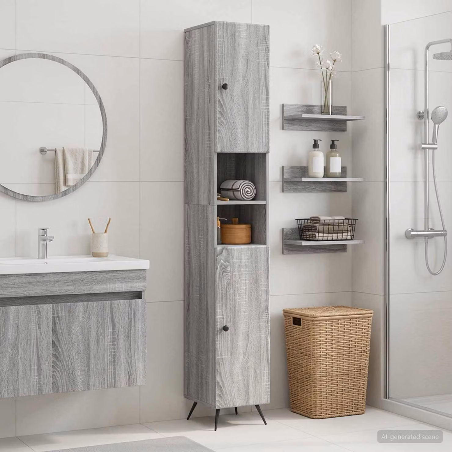 Armadio da bagno moderno vidaXL BREDA con ripiano aperto e ante a battente, colore grigio e nero, L/P/H: 31,0 x 23,4 x 190,0 cm