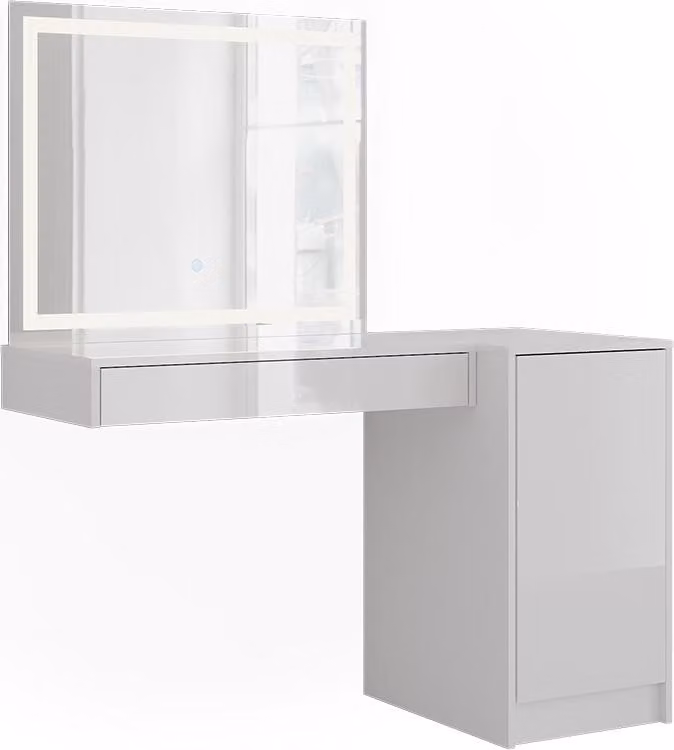Tavolo da toeletta Vicco Sherry Bianco/Bianco lucido 120.2 cm con specchio LED e modulo con anta, Model 57730