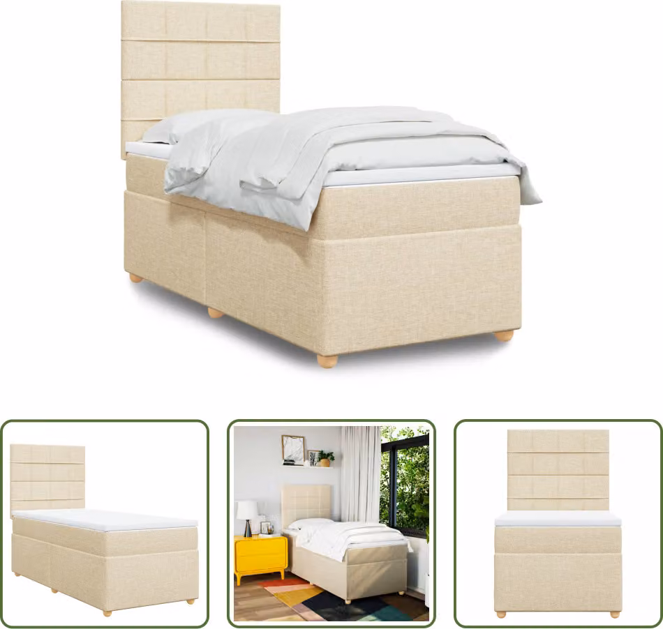 The Living Store Letto a molle con materasso crema 90x190 cm in tessuto