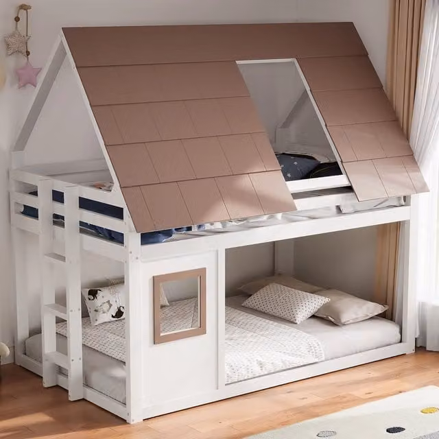 Letto a castello in legno con tetto e scala - Zephmum-140x200 cm-bianco+marrone