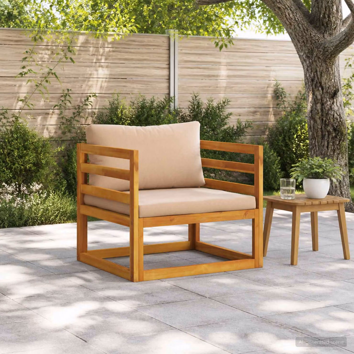 Poltrona modulare vidaXL in legno di acacia massello naturale con cuscini beige per giardino e terrazzo