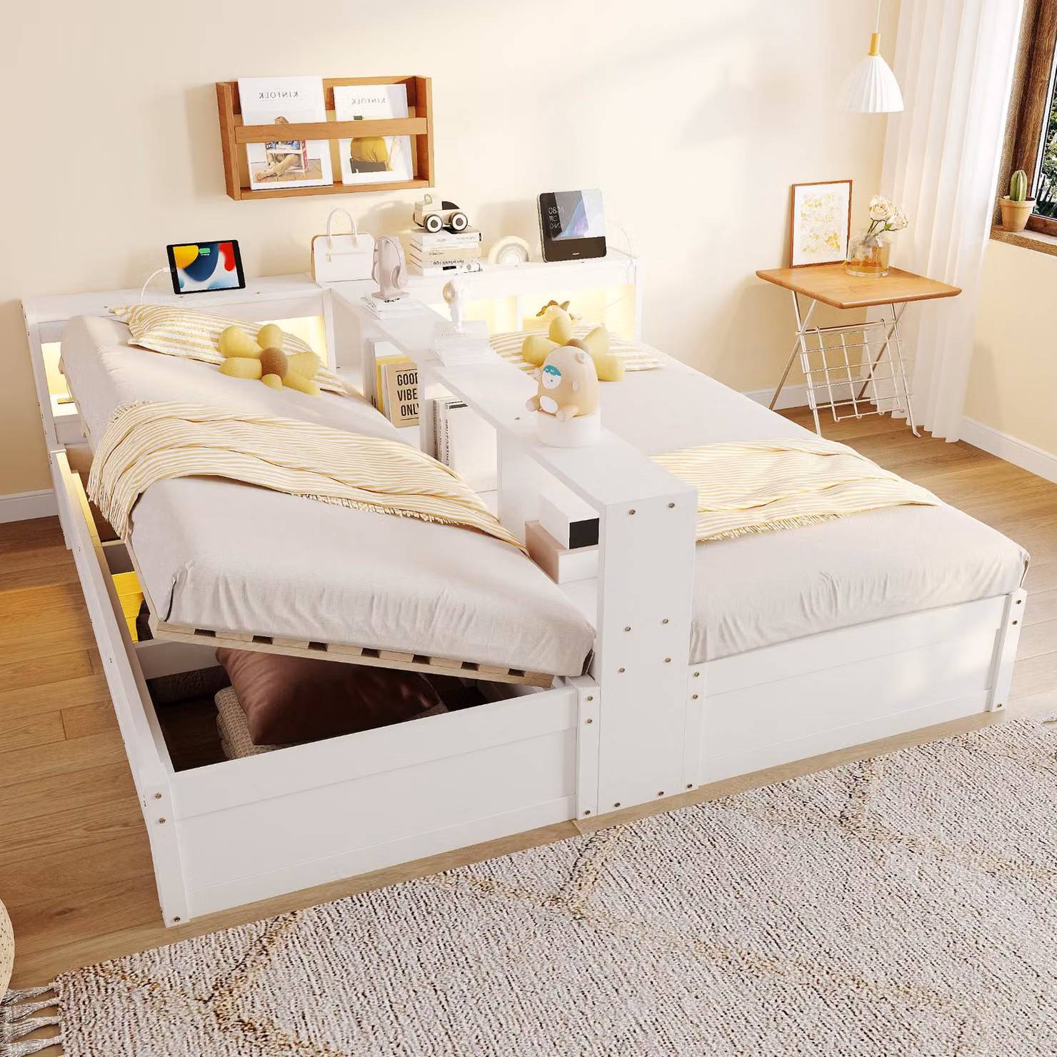 Divano letto MODFU 90 × 200 con letto singolo 90 × 200, letto matrimoniale con 1 materasso, lettino per bambini con meccanismo idraulico, testiera con luci a LED e presa di corrente, letto con doppio vano contenitore, bianco