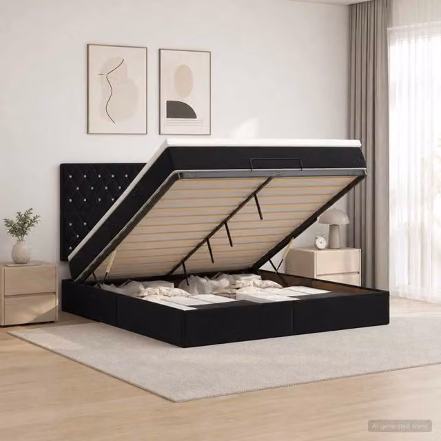 Letto ottomano moderno vidaXL in velluto nero con contenitore a sollevamento e materasso ibrido L/P/H: 180 x 200 x 88 cm