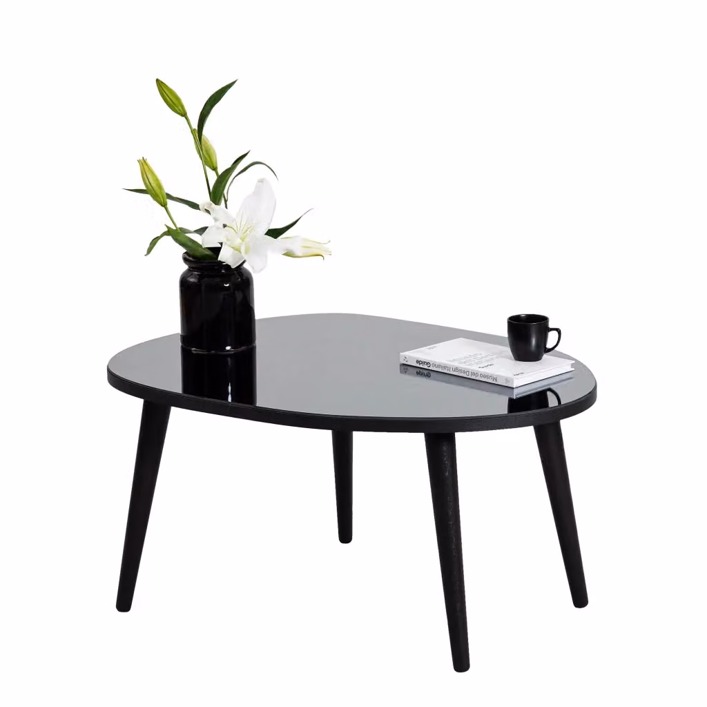 Tavolino da salotto moderno DMORA con piano ovale in vetro temperato trasparente e struttura nera L: 75 cm, P: 55 cm, H: 38 cm