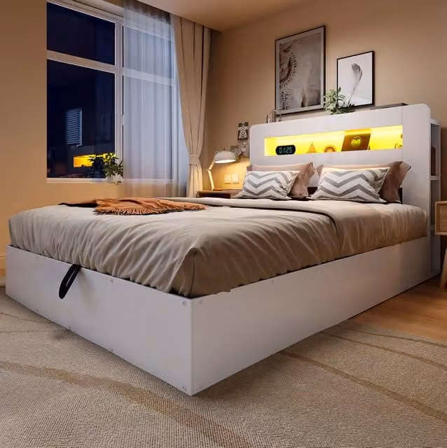 Letto contenitore 140 x 200 cm in legno con sollevamento idraulico; LED e prese; bianco