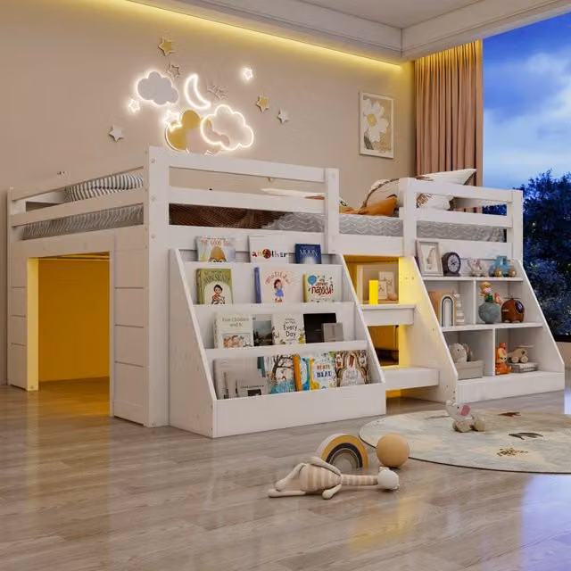 Letto rialzato a mezza altezza 140 x 200 cm; ripiani contenitore; barriera di sicurezza; scala; striscia LED; struttura in pino; bianco