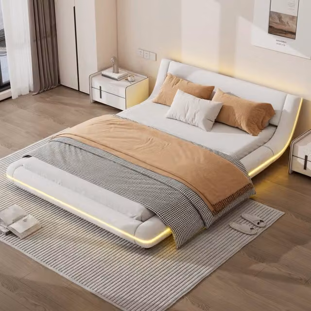 Letto a pavimento 140x200 cm in PU e MDF con LED regolabili via app; bianco