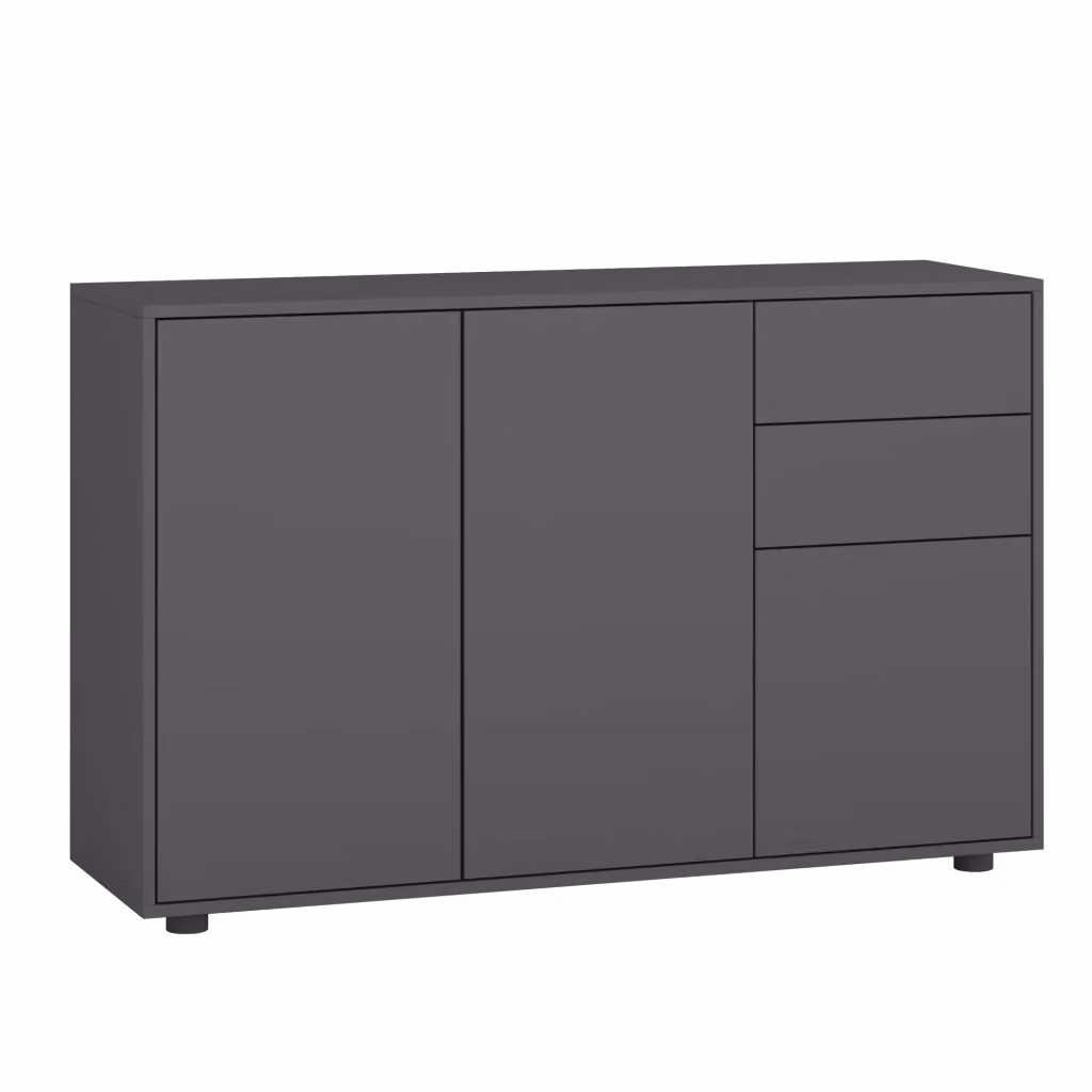 Credenza Paarl en.casa con 3 ante e 2 cassetti, Grigio Scuro Opaco, L: 117 cm, H: 74 cm, P: 36 cm – 2