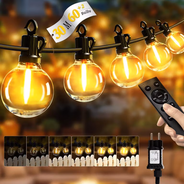 Catena luminosa a LED, 30 metri, 60 lampadine G40, luce bianco caldo, grado di protezione IP65, con telecomando