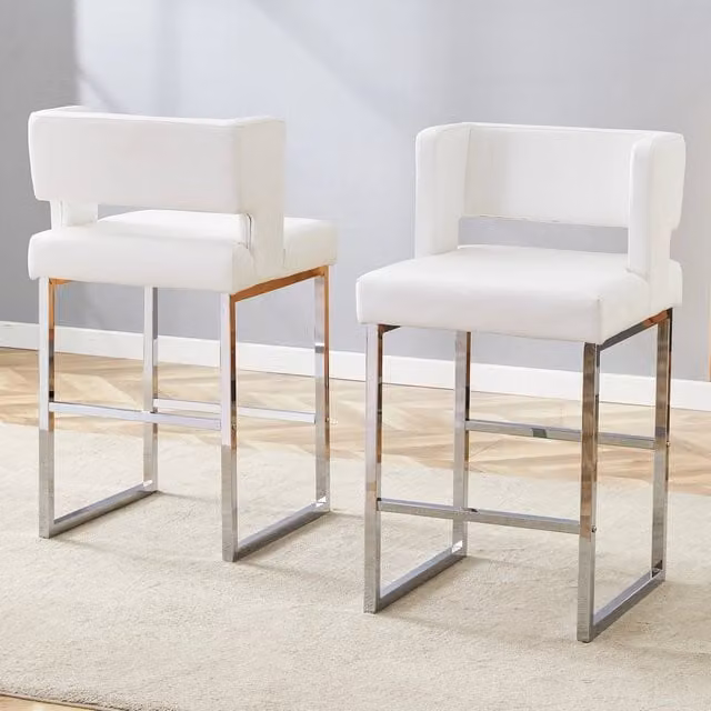 Set di 2 sgabelli da bar MIVRAY moderni con seduta imbottita in similpelle bianca e gambe in metallo argento, Altezza: 91,4 cm