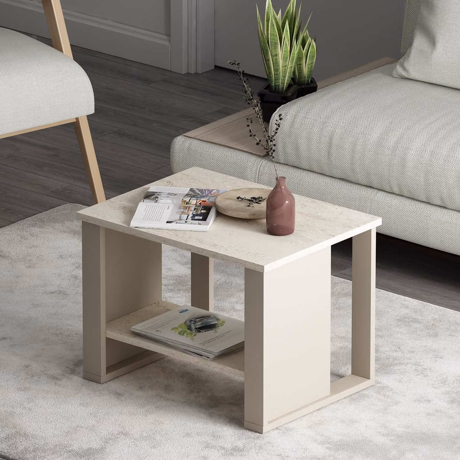 HOMIDEA BOSS Tavolino con vano portaoggetti - Tavolino da salotto moderno 60 × 45 × 43,6 cm - Tavolino - Travertino/Beige