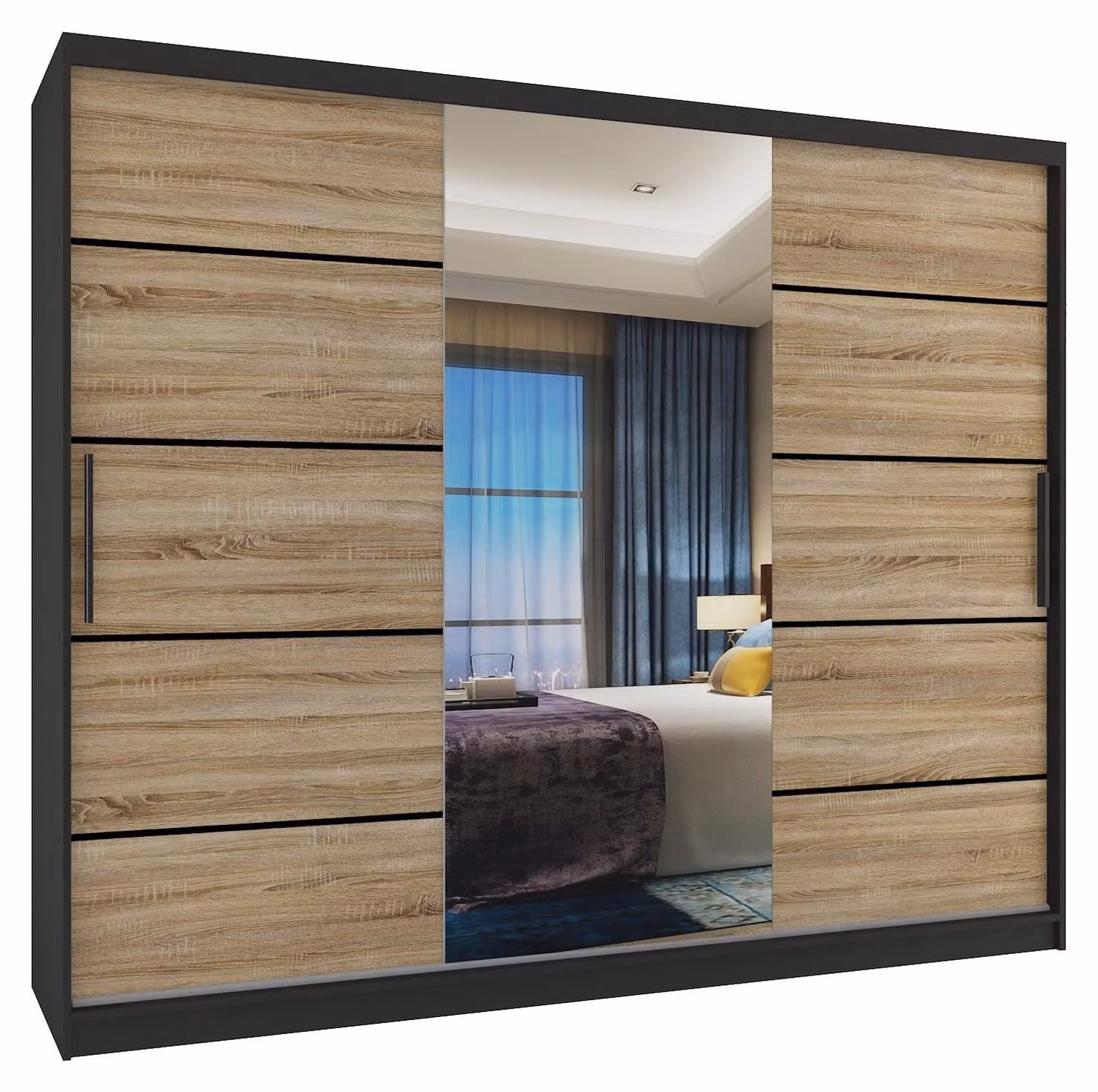 BELINI Verona, armadio scorrevole da 232 cm, nero/effetto legno noce sonoma opaco - armadio con specchio e 4 cassetti, ideale per la camera da letto