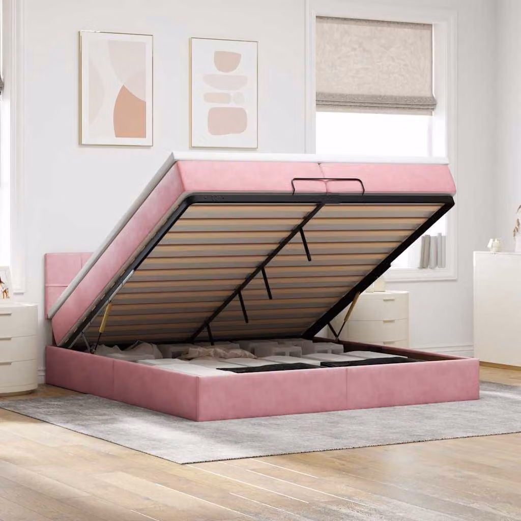 Struttura Letto con Contenitore e Materasso vidaXL in Velluto Rosa e Bianco L/P/H: 200 x 200 x 280 cm – 1
