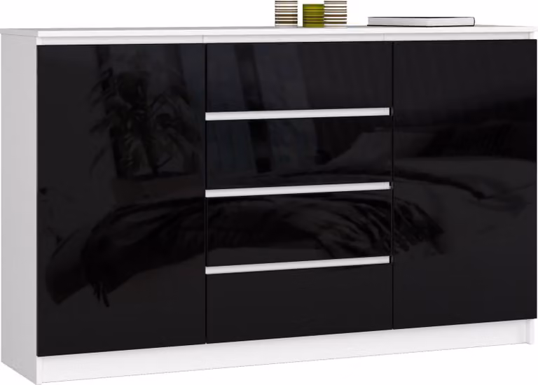 Akord Credenza 2 Ante 4 Cassetti Bianco/Nero Lucido 160X40X99 Cm