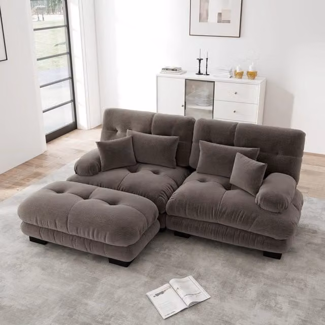 Canapé modulaire in chenille con cuscini lombari e pouf, seduta profonda e braccioli morbidi marrone 220 × 145 × 81 cm