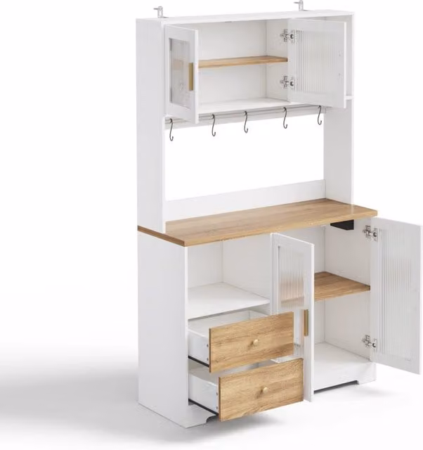 Mobile da cucina alto 178 cm con LED, ripiani in vetro temperato, presa elettrica e piano lavoro effetto legno bianco