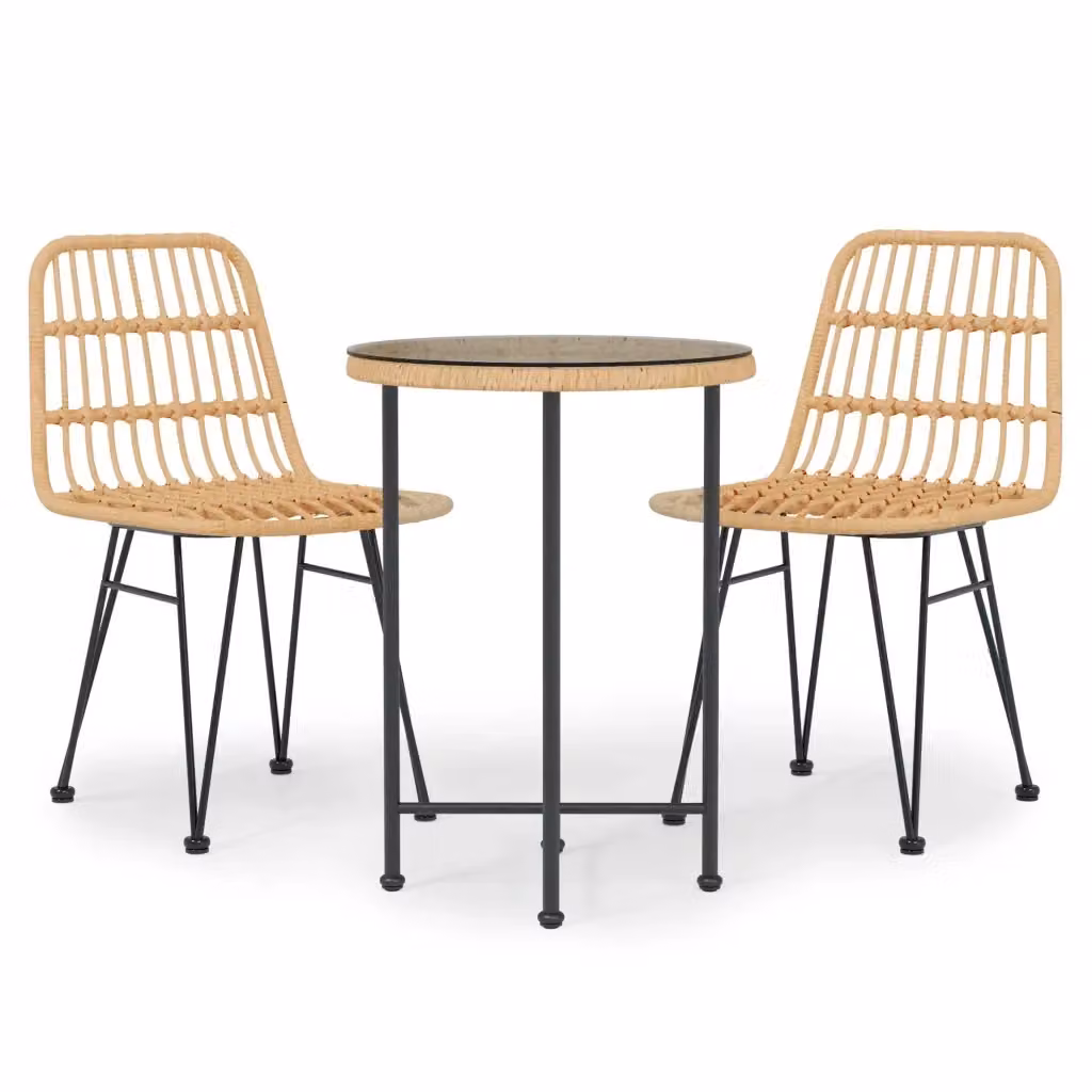 Set da Pranzo da Giardino Moderno vidaXL in Polyrattan Beige con Tavolo Rotondo in Vetro, 3 Pezzi – 2