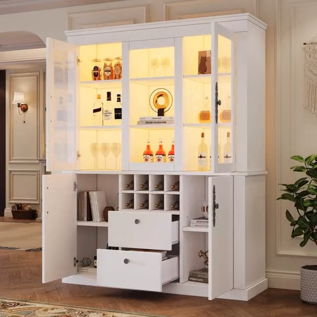 Mobile vetrina con LED e 2 cassetti 130 x 37;5 x 170;5 cm in legno nobilitato e vetro; bianco