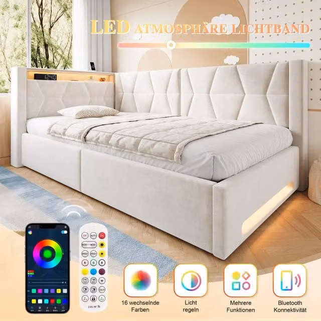 Letto singolo con contenitore Mivray in velluto beige con illuminazione LED e porte di ricarica USB e Type-C L/P: 90 x 200 cm