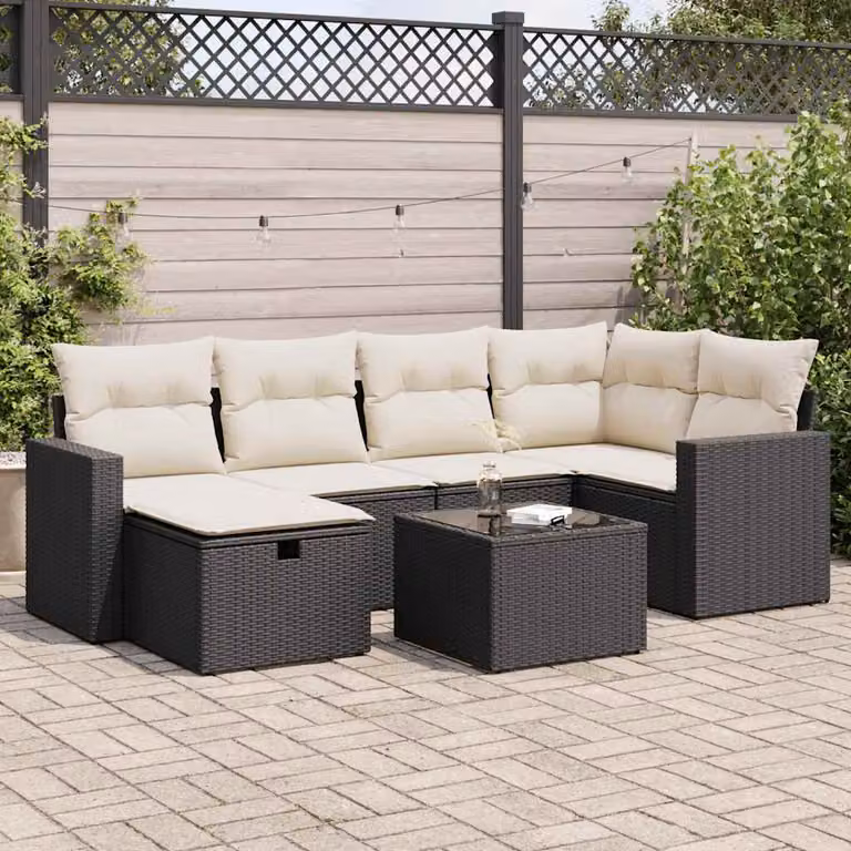 Set Divani da Giardino a L vidaXL con Cuscini e Tavolino, 7 Pezzi, Nero e Bianco
