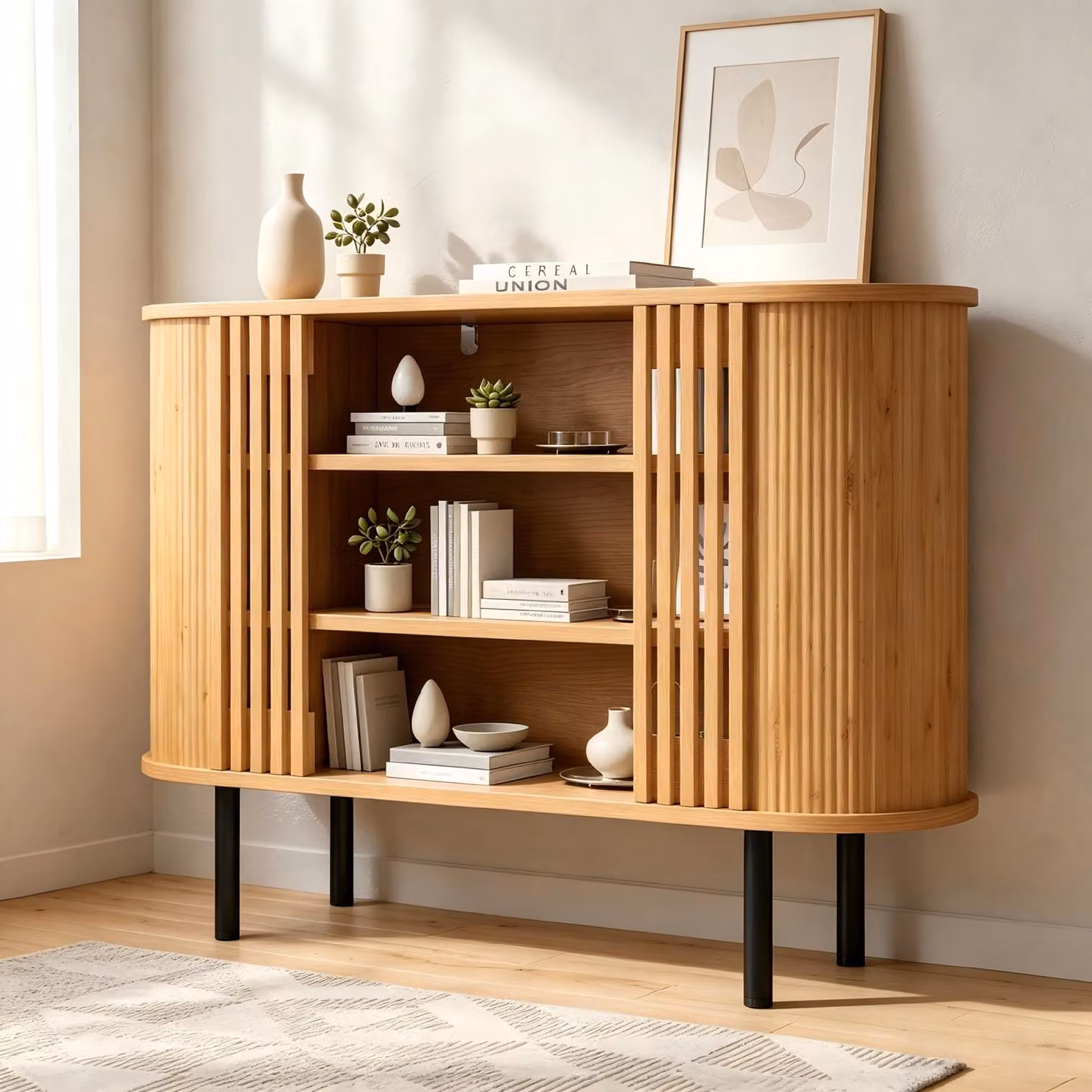 Mobile contenitore MODFU, 120x40x80 cm, credenza con 3 vani aperti, mobile per soggiorno con design a listelli, armadio contenitore con gambe in metallo regolabili, colore naturale