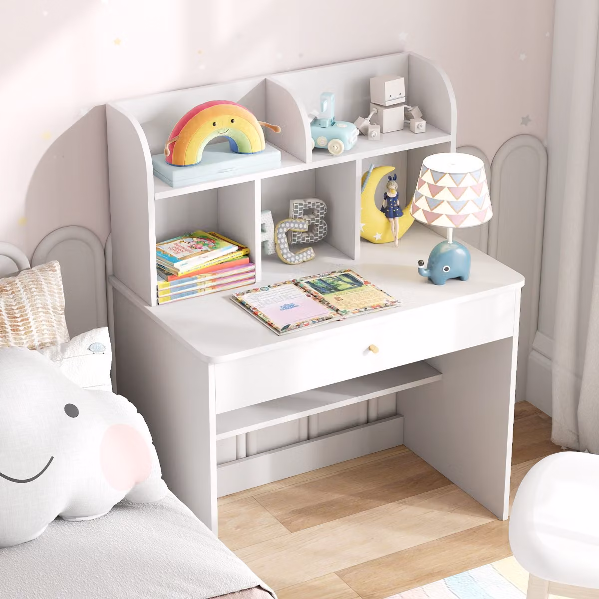 Scrivania per bambini Costway in legno bianco con mensola e cassetto, L: 80 cm, P: 48 cm, H: 102 cm