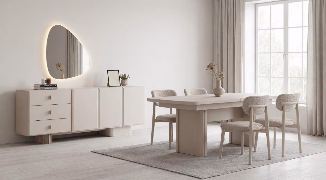Set per sala da pranzo beige, moderno, con tavolo allungabile, 4 sedie e una credenza