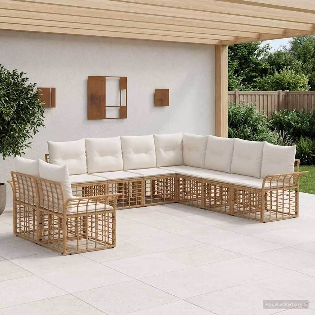 Set di divani da esterno vidaXL a forma di U composto da 9 pezzi in stile rustico con struttura in metallo e cuscini inclusi, colori beige, bianco e marrone