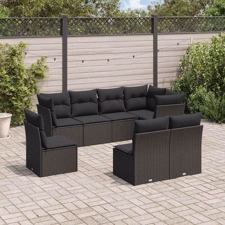 vidaXL Set Divani da Giardino a L con Cuscini 8 pz Nero in Polyrattan e Metallo