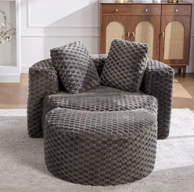 Poltrona ULEVR con pouf 130x115x103 cm, design a botte 360¡ã, rivestimento in tessuto grigio scuro