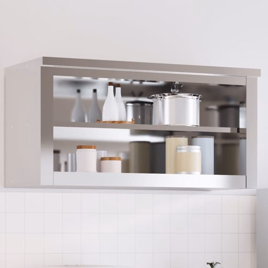 Mobile Cucina da Parete vidaXL in Metallo Argento con Ripiano in Acciaio Inossidabile e Ante in Vetro