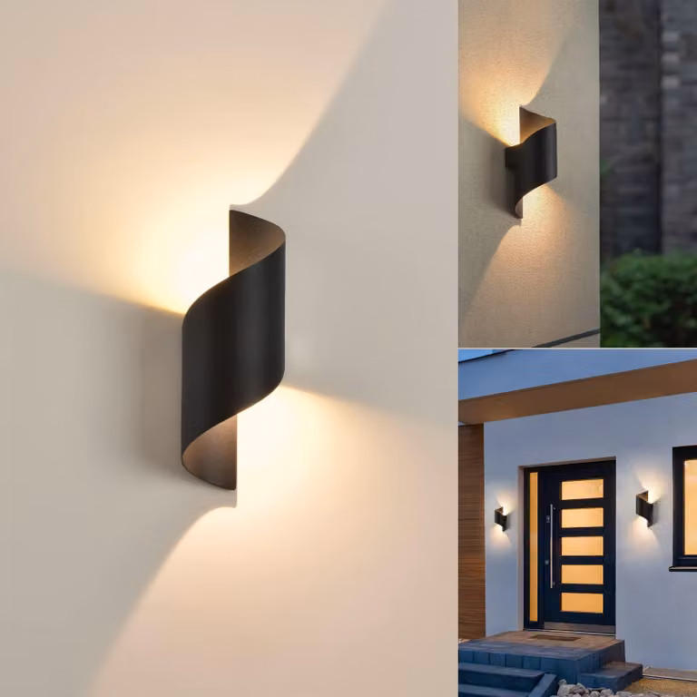 Lampada da parete a LED, 10W, 3000K, luce calda, grado di protezione IP65, struttura a spirale in metallo, colore nero
