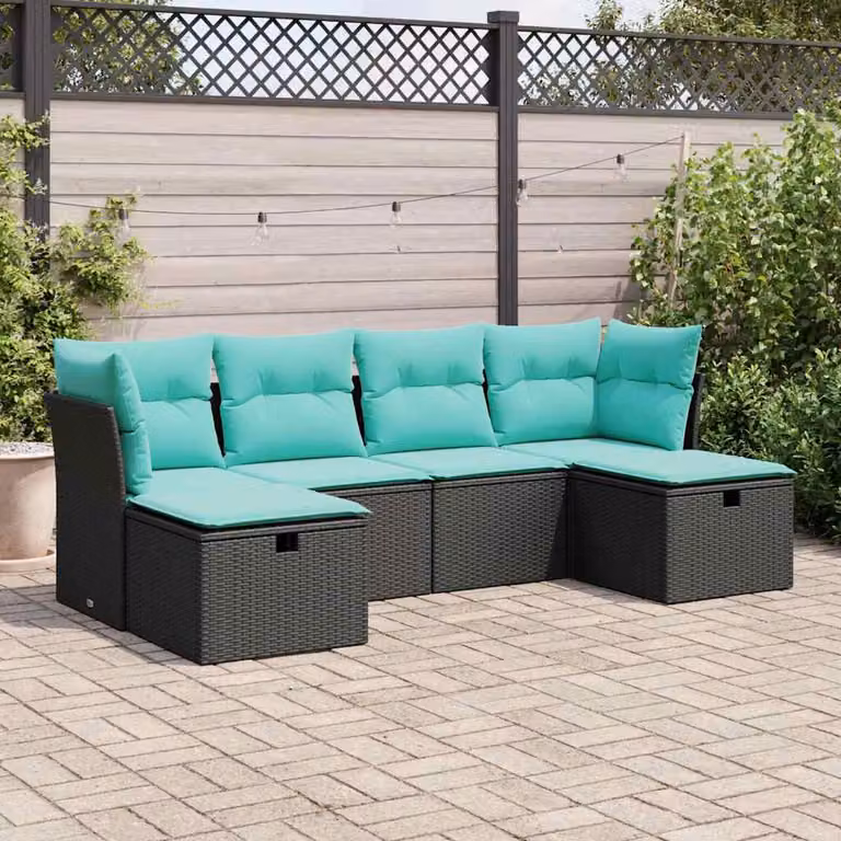 Set Divano da Giardino vidaXL 6 pz a Forma a L con Cuscini, Polyrattan e Struttura in Acciaio Verniciato a Polvere, Nero
