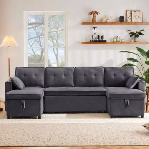Divano letto a U - Xylo - Tessuto cotone lino grigio, porta bicchieri, 2 spazi di archiviazione