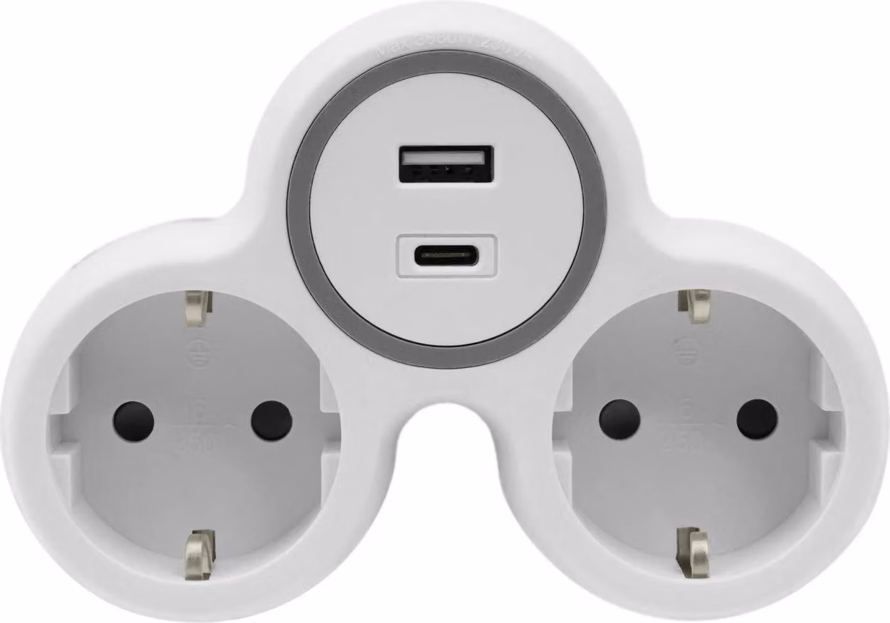 Adattatore doppia presa 2x Schuko 230V 2x USB grigio-bianco