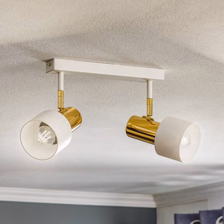 Faretto da soffitto Destin, 2 luci, bianco/ottone Destin Argon, dimmerabile, Ottone / Oro, Soggiorno / Sala da pranzo, Metallo, Moderno, Faretto