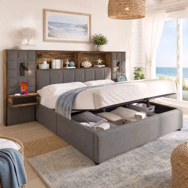 Letto matrimoniale 160x200 cm con contenitore, lampade da lettura, USB e Type-C, grigio