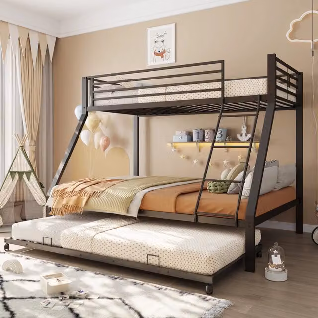 Letto a castello in metallo 90 x 200 e 140 x 200 cm con letto estraibile 90 x 190 cm, portata fino a 550 kg, 3 posti letto - Nero