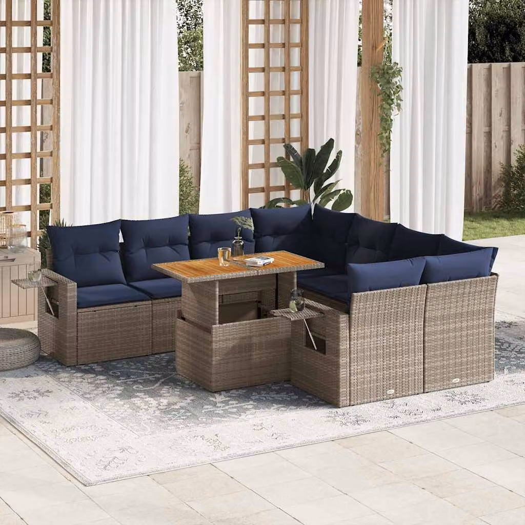Set Divano da Giardino vidaXL 9 pz a Forma a U in Polyrattan Grigio con Cuscini e Tavolino da Esterno